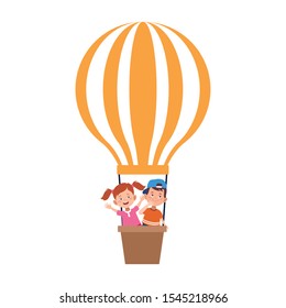 hot air balloon with boy and girl icon over white background, vector illustration