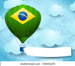 Hot air balloon with Brazilian colors and banner. Vector