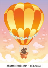 Hot air balloon with brown bunny. Cartoon and vector illustration.