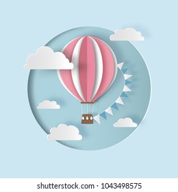 Hot air balloon with bunting flags and clouds. Paper cut out style. Carving art. Vector illustration