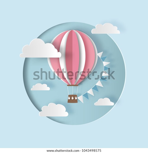Hot air balloon with\
bunting flags and clouds. Paper cut out style. Carving art. Vector\
illustration