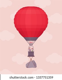 Hot air balloon with business people in flight and a rock. Heavy load to carry, difficult weight or dangerous handicap prevents good start and development, causes worry, hardship. Vector illustration