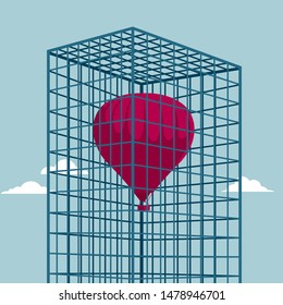 The hot air balloon is in the cage. Isolated on blue background.