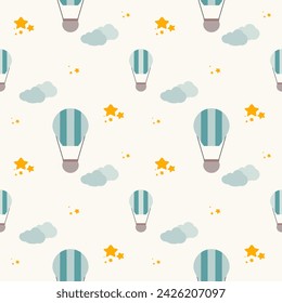 Hot air balloon cartoon so cute. On cloud star background. Pattern seamless vector illustration. 