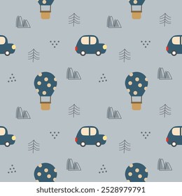 Hot air balloon cartoon so cute. On car mountain tree background. Pattern seamless vector illustration. 
