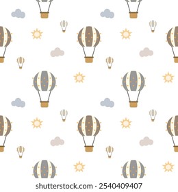 Hot air balloon cartoon so cute. On star cloud sun white background. Pattern seamless vector illustration. 
