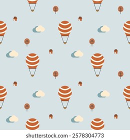 Hot air balloon cartoon so cute. On cloud tree house light blue background. Pattern seamless vector illustration. 
