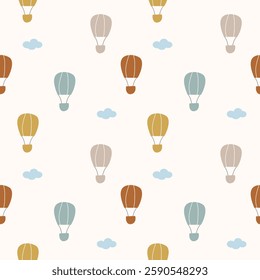 Hot air balloon cartoon so cute. On cloud background. Pattern seamless vector illustration. 