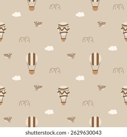 Hot air balloon cartoon so cute. On bird cloud mountain brown background. Pattern seamless vector illustration. 