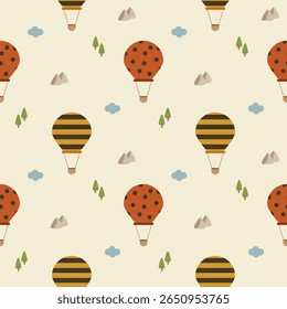 O desenho animado do balão de ar quente é tão fofo. No fundo da árvore de montanha de nuvem. Ilustração de vetor uniforme de padrão. 