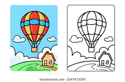 Globo de aire caliente de dibujos animados volando en el arte de la línea de aire para niños para colorear página libro Ilustración vectorial