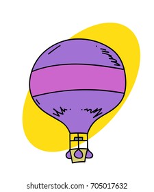 Hot air balloon cartoon hand drawn image. Original colorful artwork, comic childish style drawing.