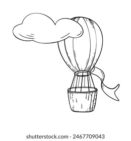 Hot air balloon and cloud of black and white contour vector illustration isolated. Balloon silhouette with basket and a ribbon. Retro airship simple coloring. Air transport graphic drawn