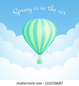 Hot air balloon cloud scape vector illustration. White clouds on spring blue sky with big motivational quote, green stripe hot air balloon for sky vacation adventure design. Clipping mask applied.