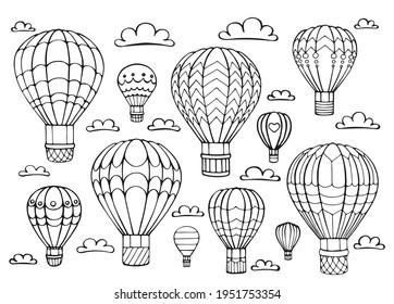 Hot air balloon and cloud set. Hand drawn outline doodle. Vector illustration.