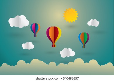 hot air balloon and cloud , the sun. Origami style.