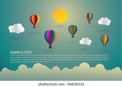 hot air balloon and cloud , the sun. Origami style.