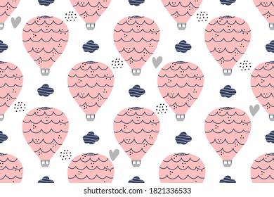 Hot air balloon with clouds and abstract dots in Scandinavian style on white background hand drawn vector illustration.