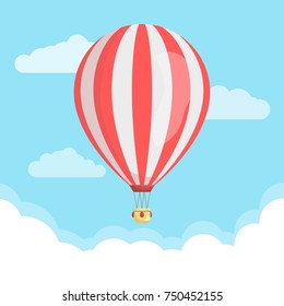 Hot air balloon with clouds in the blue sky. Travel concept template design. Vector illustration