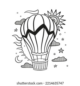 Hot air balloon with clouds and crescent moon. Bohemian illustration. Aircraft for travel. Vector illustration isolated on white background