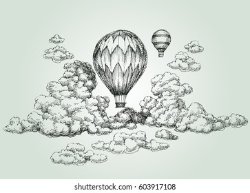 Hot air balloon in the clouds drawing