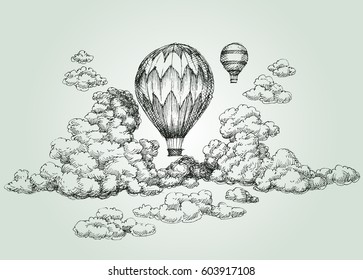 Hot Air Balloon In The Clouds Drawing