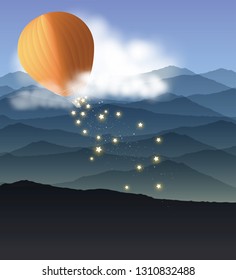 Hot air balloon and clouds flying over the mountains landscape and spread the shining stars. Vector illustration background.