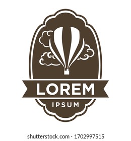hot air balloon and clouds inside decorative frame, vector emblem logo template