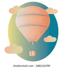 Hot air balloon in the clouds. Nice pink colors at sunrise. Flat vector icon for design, logo, packaging.