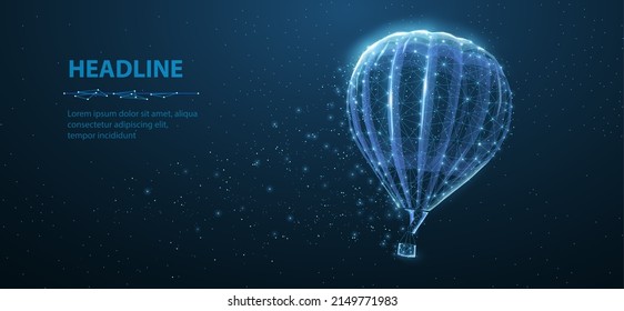 Heißluftballon und Wolken auf blauem Nachthimmel im Hintergrund. Flugzeuge, Fantasie-Reise, Reisekonzept. Träumsymbol. 3D Low-Poly-Illustration. Vier Traumkonzepte für Slogan folgen