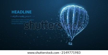 Hot air balloon and clouds on blue night sky backgrownd. Airship craft, fantasy journey, travel concept. Dream symbol. 3d low pole illustration. Follow four dream concept for slogan