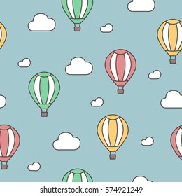 Hot air balloon and clouds. Seamless pattern. Vector hand drawn doodle cartoon
