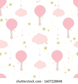 Hot air balloon, clouds and shining star seamless background pattern for fabric design vector. Children, baby room, wallpaper, baby shower, birthday greeting card