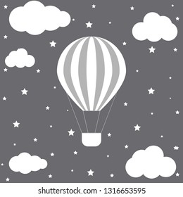 hot air balloon with clouds and stars. vector beautiful card.