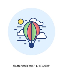Hot air balloon, clouds and sun are flying in the blue sky. Vector illustration in flat style with contour. Travel concept