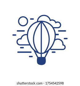 Hot air balloon, clouds and sun are flying in the blue sky. Vector illustration in doodle style with contour. Travel concept