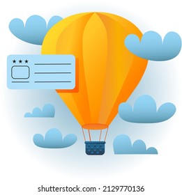 Hot air balloon in the clouds with a tag