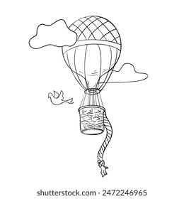 Hot air balloon in cloudy sky black and white contour vector illustration isolated. Balloon silhouette with bird hand drawn ink. Simple cartoon airship coloring. Air transportation in line silhouette