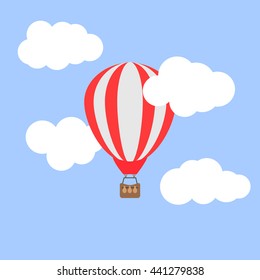Hot air balloon in the cloudy sky. Flat design vector illustration