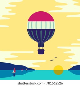 Hot air balloon in the cloudy sky under sea. Stylized outdoor icon. Flat cartoon pop art style. Travel adventure flight banner template design. Simple minimal poster retro colors. Vector illustration