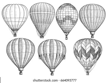 Hot air balloon collection illustration  drawing  engraving  ink  line art  vector