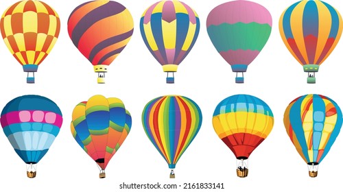 Hot air balloon. Colored aircraft transport with basket sky airing flight collection