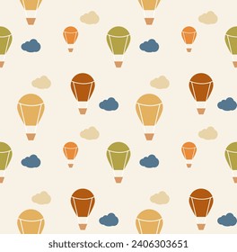 Hot air balloon colorful cartoon so cute. On cloud background. Pattern seamless vector illustration. 