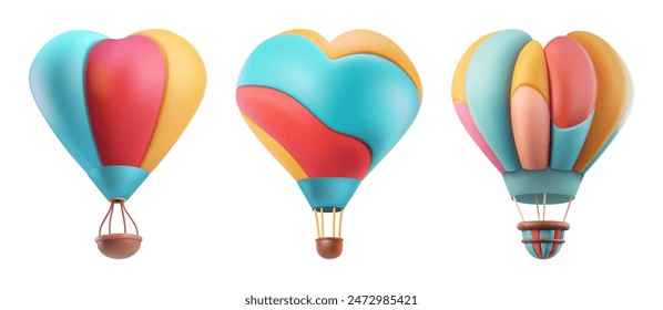 Hot air balloon colorful festival plasticine 3d vector. Cartoon cute abstract day card element. Fun aircraft illustration. Wind in sunset flying symbol. Sky travel, air journey, airship cutout render