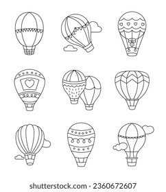 Hot air balloon. Coloring Page. Transport for travel. Hand drawn style. Vector drawing. Collection of design elements.