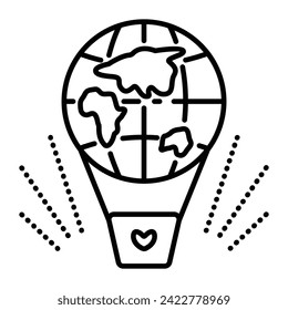 Hot air balloon with continents, black line vector icon of globe, pictogram for travel agency, sign of love to flights and adventures