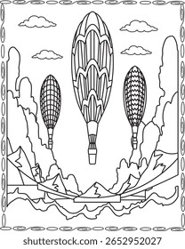 Hot Air Balloon, continuous line drawing with colored shapes.Coloring Page For Kids And Adults.