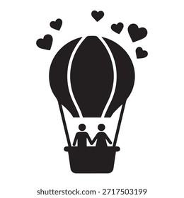 Hot air balloon with couple solid icon. Romantic flight, love journey, and honeymoon travel symbol. Vector silhouette illustration with floating hearts.