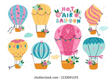 Hot air balloon. Cute decorative flying vehicle. Kids hand drawn style. Soaring aerostats with colorful flowers. Aerial transport. Summer journey. Vector patterned