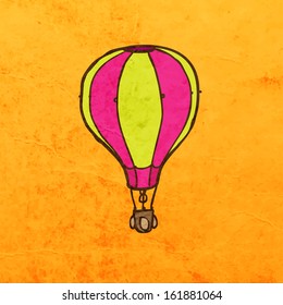 Hot Air Balloon. Cute Hand Drawn Vector illustration, Vintage Paper Texture Background